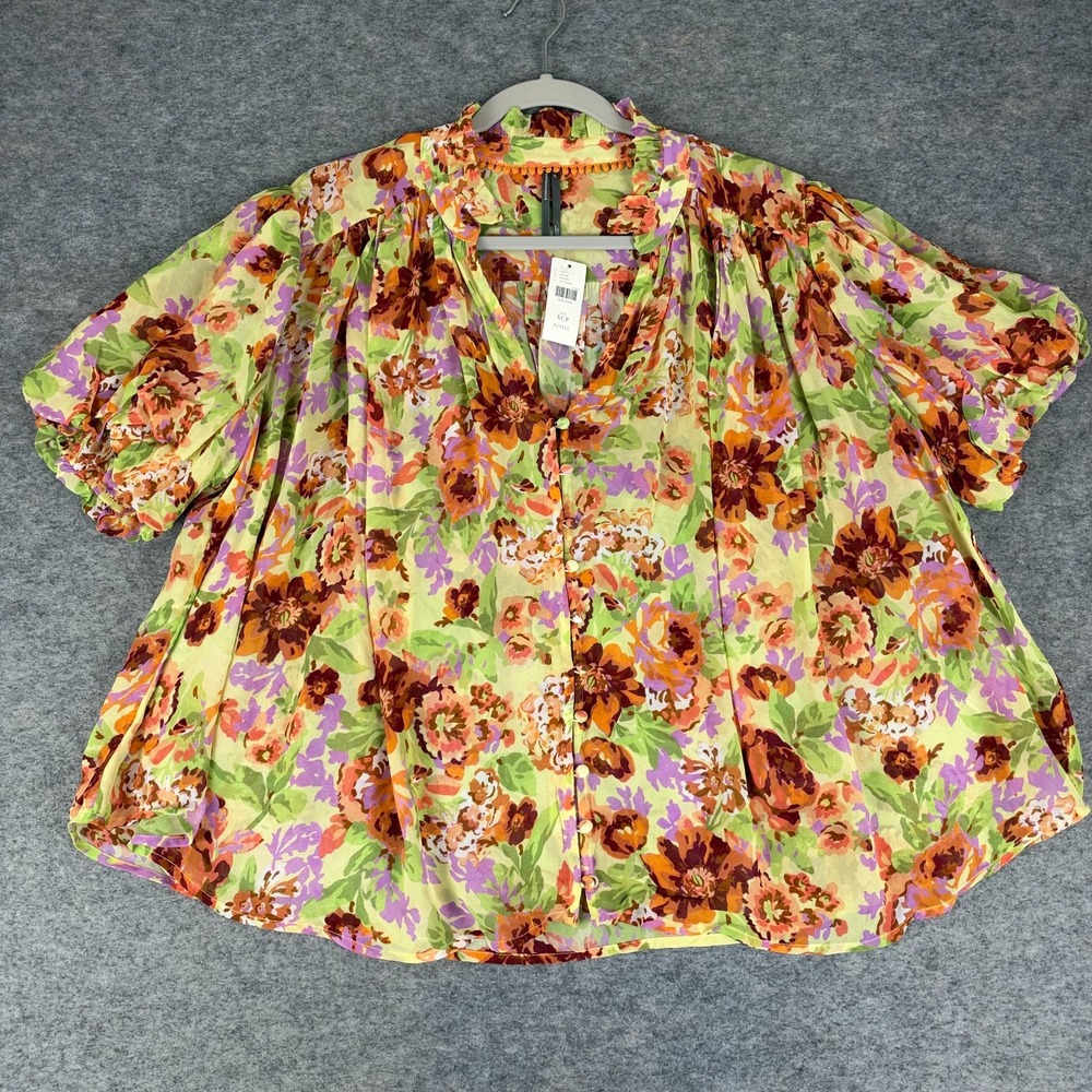Anthropologie The Estela Short-Sleeve Sheer Printed Blouse Floral XL Petite PXL